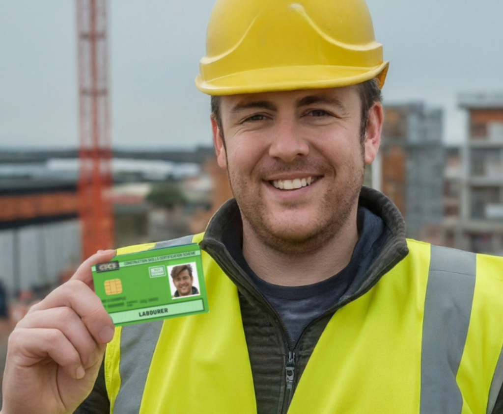 A worker is employed in the UK construction industry after completing his health and safety training and getting his CSCS green card.